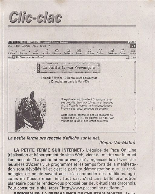 La ferme d'Adloff Patrick sur internet en 1998 presentation article